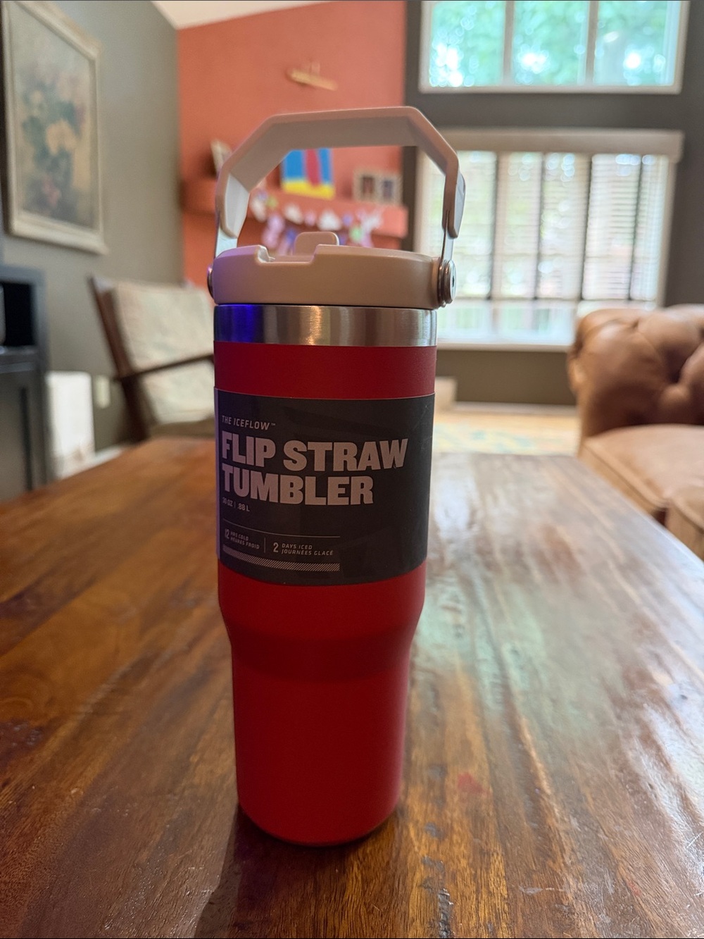 Stanley Brick Red Flip Straw Tumbler with Tan Handle. 30 ounce